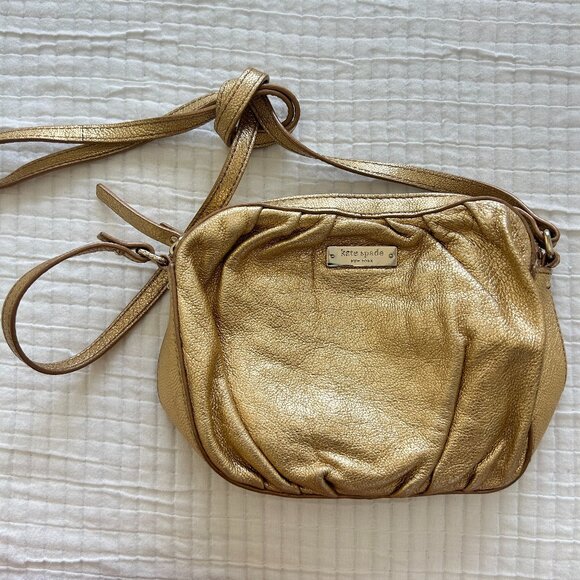Kate Spade New York Gold Metallic Leather Crossbody Shoulder Bag Purse Sriped - Picture 1 of 7